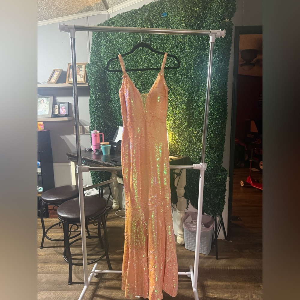 Jovani Orange Gold Sequin Cocktail Gown